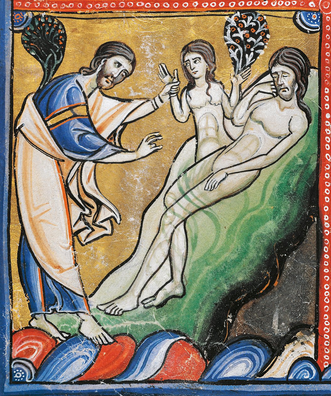 Ms 1 fol.4v Eevan luominen Aadamin kylkiluusta, yksityiskohta Souvignyn Raamatusta (vellum) tekijältä French School