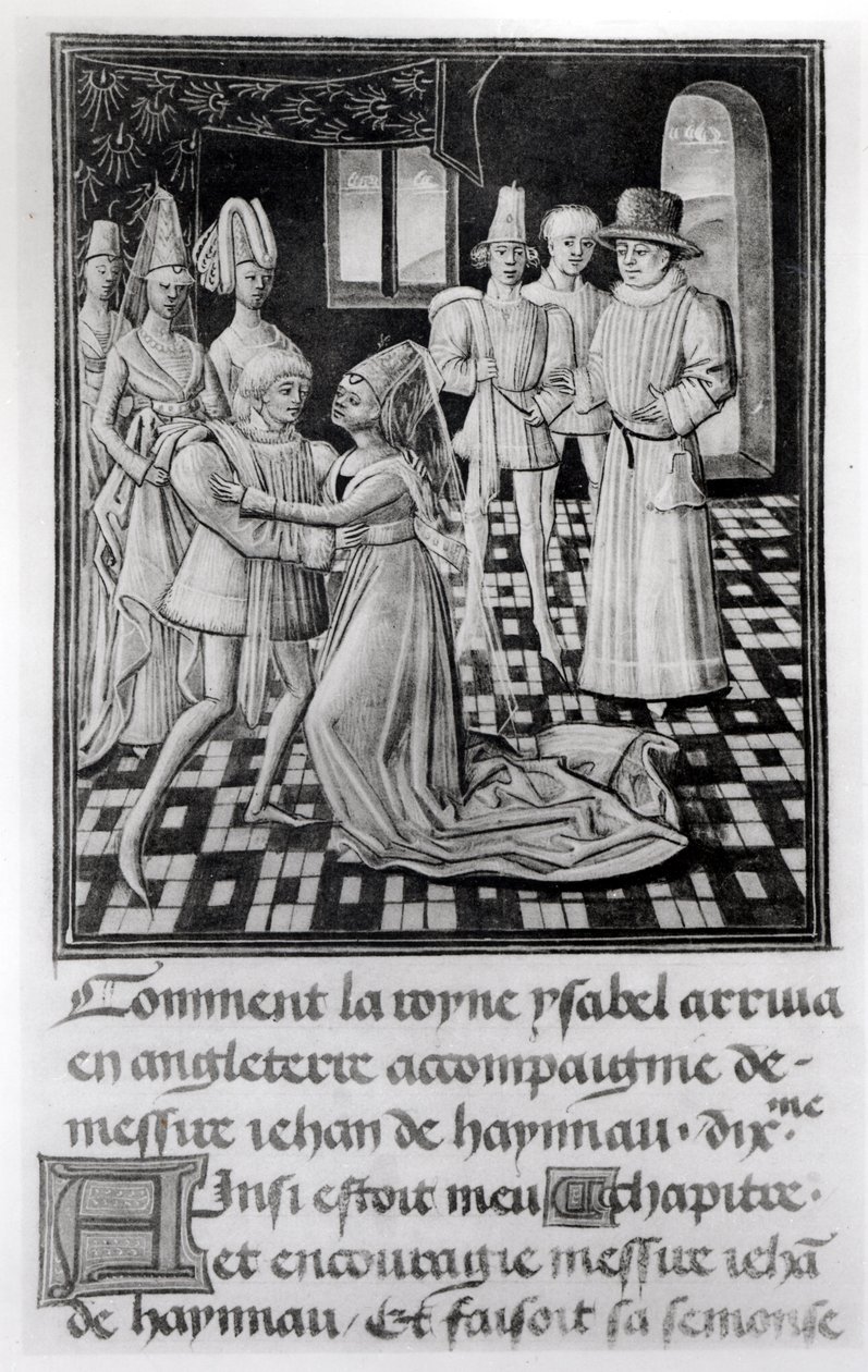 Ms. 1 fol. 6 v. Isabella Ranskasta, Englannin kuningatar, jättää Hainaut