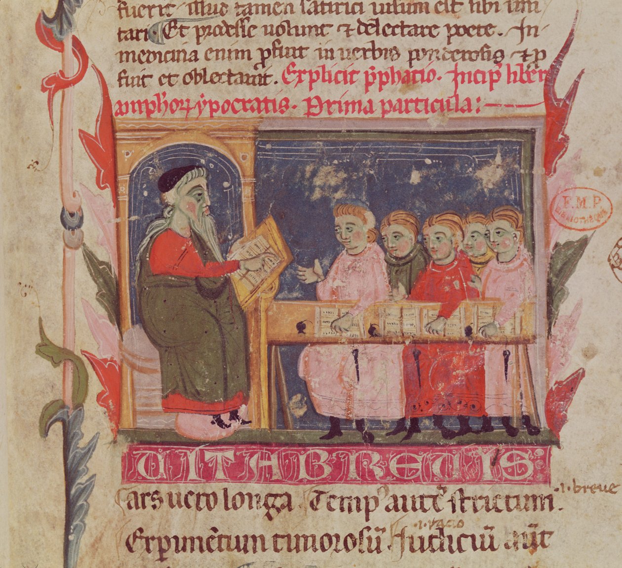 Ms. 2046 fol. 1 Ohjekohtaus, yksityiskohta Hippokrateen "Aforismit" ja Galenuksen "kommentit" ensimmäisestä sivusta (n. 130-n. 201), käsikirjoituksesta Hippokrateen, Galenuksen... tekijältä French School