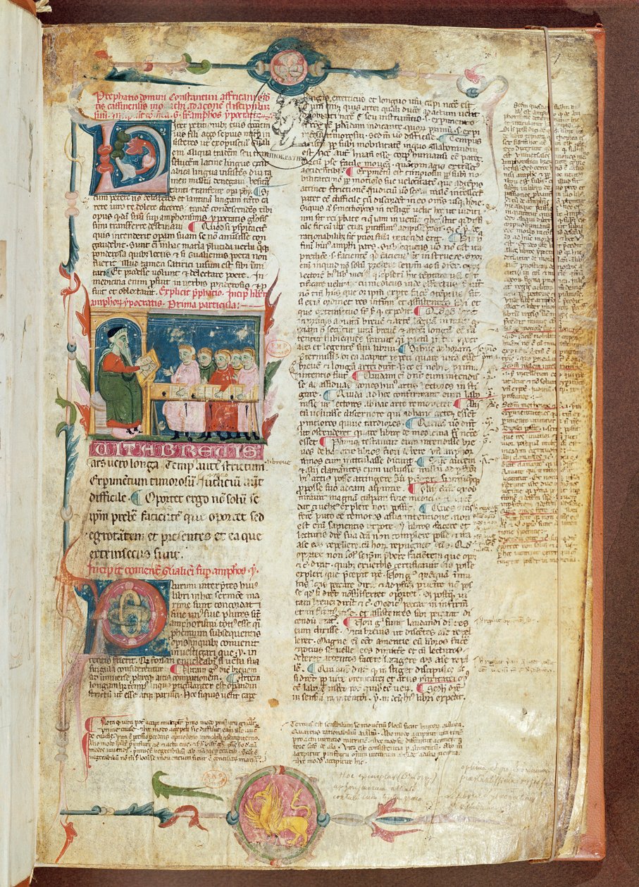 Ms. 2046 fol. 1 Opetuskohtaus, ensimmäinen sivu Hippokrateen Aforismit ja Galenuksen kommentit tekijältä French School