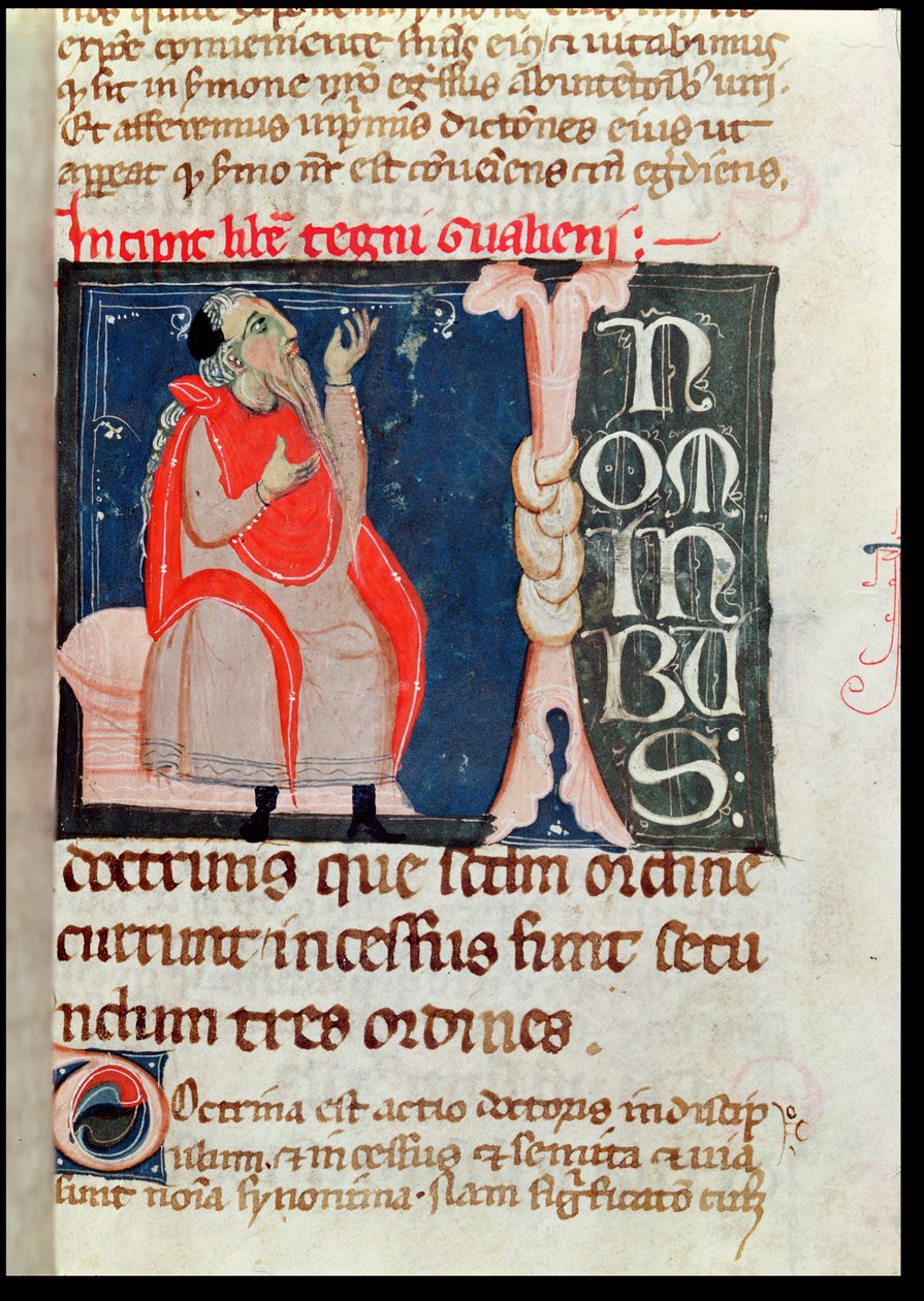 Ms. 2046 fol. 261 A Scientist, kuvitus Aliben Rhodonanin kommenttien alussa Galenin Ars Parvasta (n. 130–201) tekijältä French School
