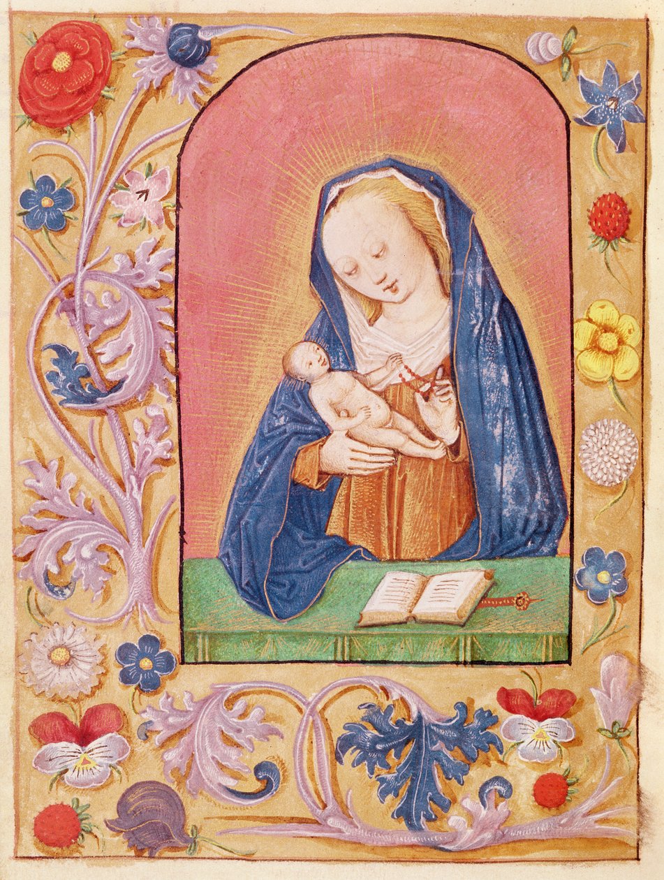 Ms 20 fol.42v Neitsyt ja lapsi leikkimässä rukouskirjasta, 1400-luvun alku tekijältä French School