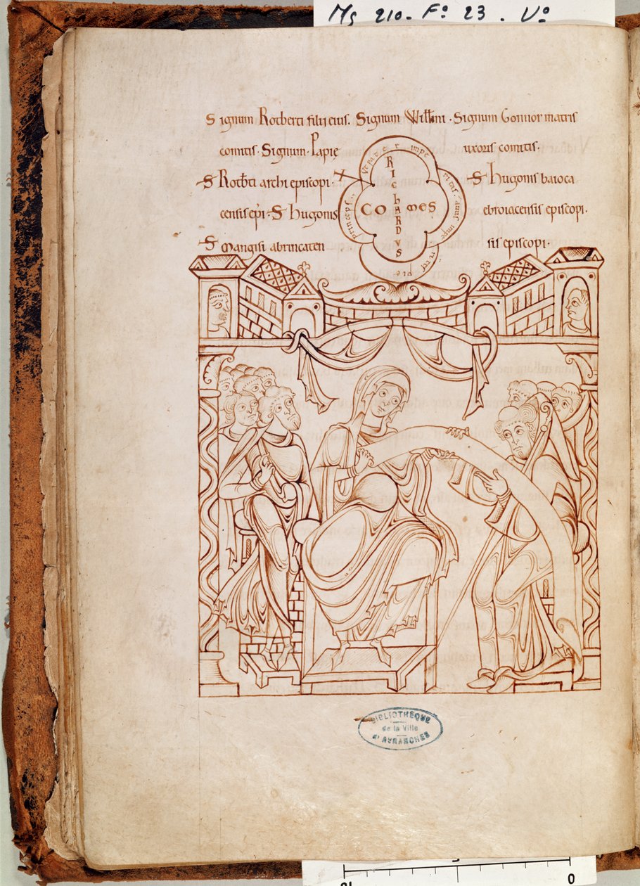 Ms 210 fol.23v Gonnorin, Normandian herttuattaren, lahjoitus Mont Saint-Michelin luostarille, Cartulaire de Mont-Saint-Michel, 1150-luku tekijältä French School