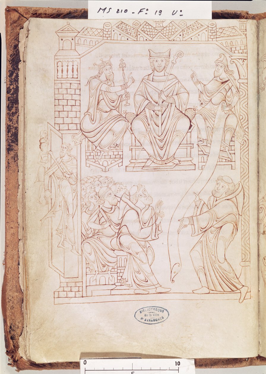 Ms 210 fol 19v. Mont Saint-Michelin kartulaari: Normandian herttua Richard II lahjoittaa maa-alueita ja etuoikeuksia Mont St. Michelin luostarille, 1150-luku tekijältä French School