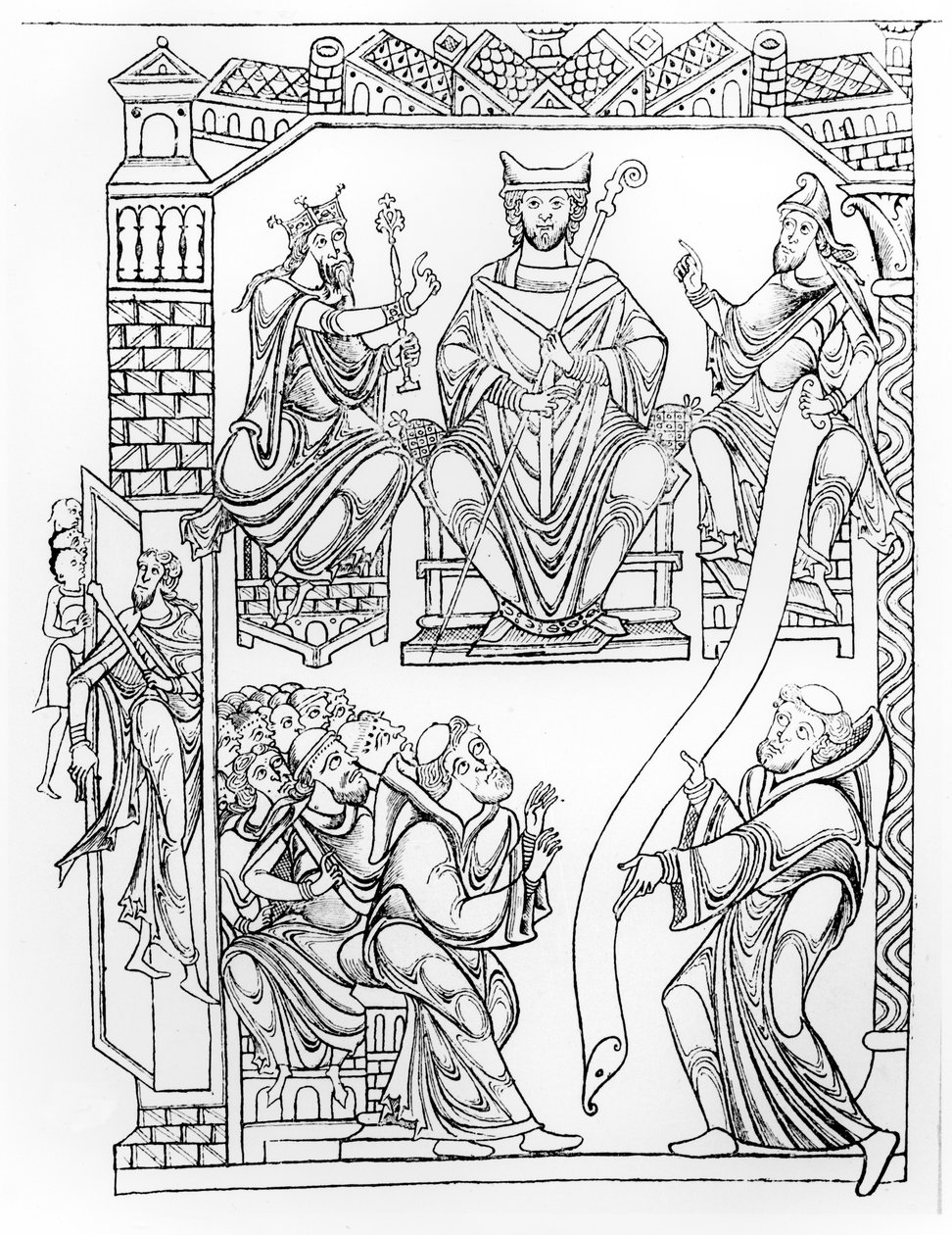Ms 210 fol 19v. Mont Saint-Michelin kartulaari: Normandian herttua Richard II lahjoittaa maa-alueita ja etuoikeuksia Mont St. Michelin luostarille (kaiverrus 1150-luvun piirustuksen jälkeen) tekijältä French School