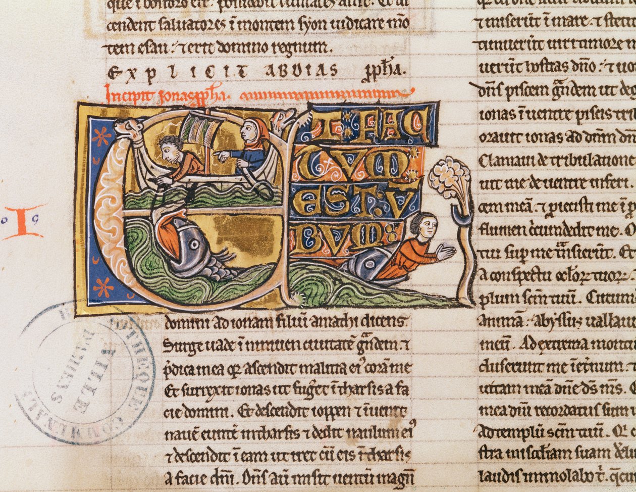 Ms 21 Fol.163v Historioitu alkukirjain E, joka kuvaa Joonan heittämistä mereen, määrittelemättömästä Raamatusta tekijältä French School