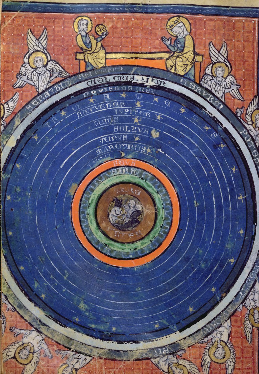 Ms 2200 f.115v. Maailma, Aristoteleen mukaan, miniatyyri Guillaume de Conchesin De Philosophia Mundista (1100-54) 1276-77 tekijältä French School