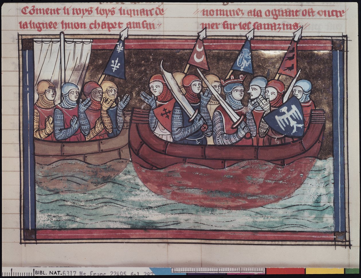 Ms 22495 fol.287 Laivaanlähtö ulkomaille, Le Roman de Godefroi de Bouillon, 1337 tekijältä French School