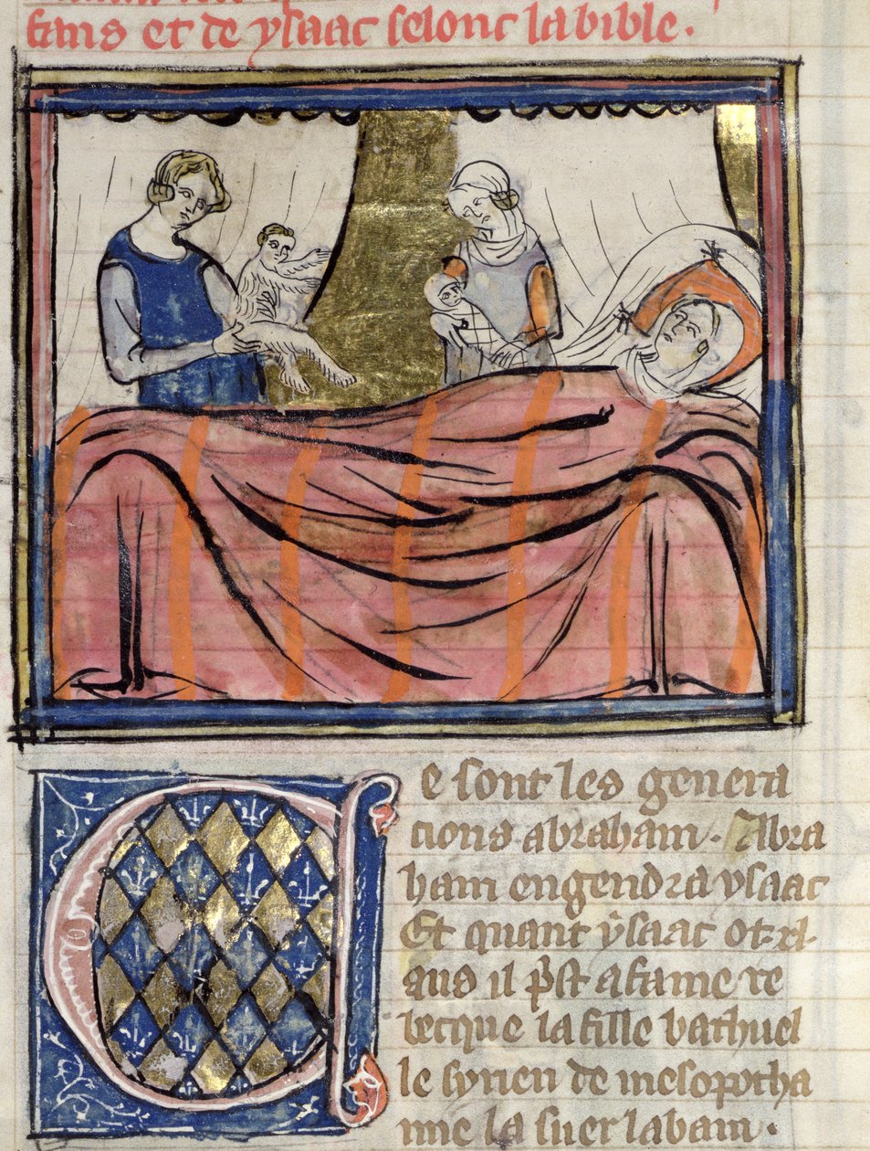 Ms 22 fol.30 Kaksosten Jaakobin ja Esaun syntymä, miniatyyri Guiart des Moulinsin Raamatun historiasta tekijältä French School