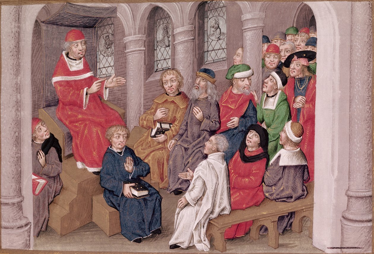 Ms 230 fol.25 Jean de Gerson (1363-1429) saarnaa kärsimystä päivällisen jälkeen Pyhän Bernardin kirkossa, Pariisissa, Sermons sur la Passion et Traites Diversista, n. 1480 tekijältä French School