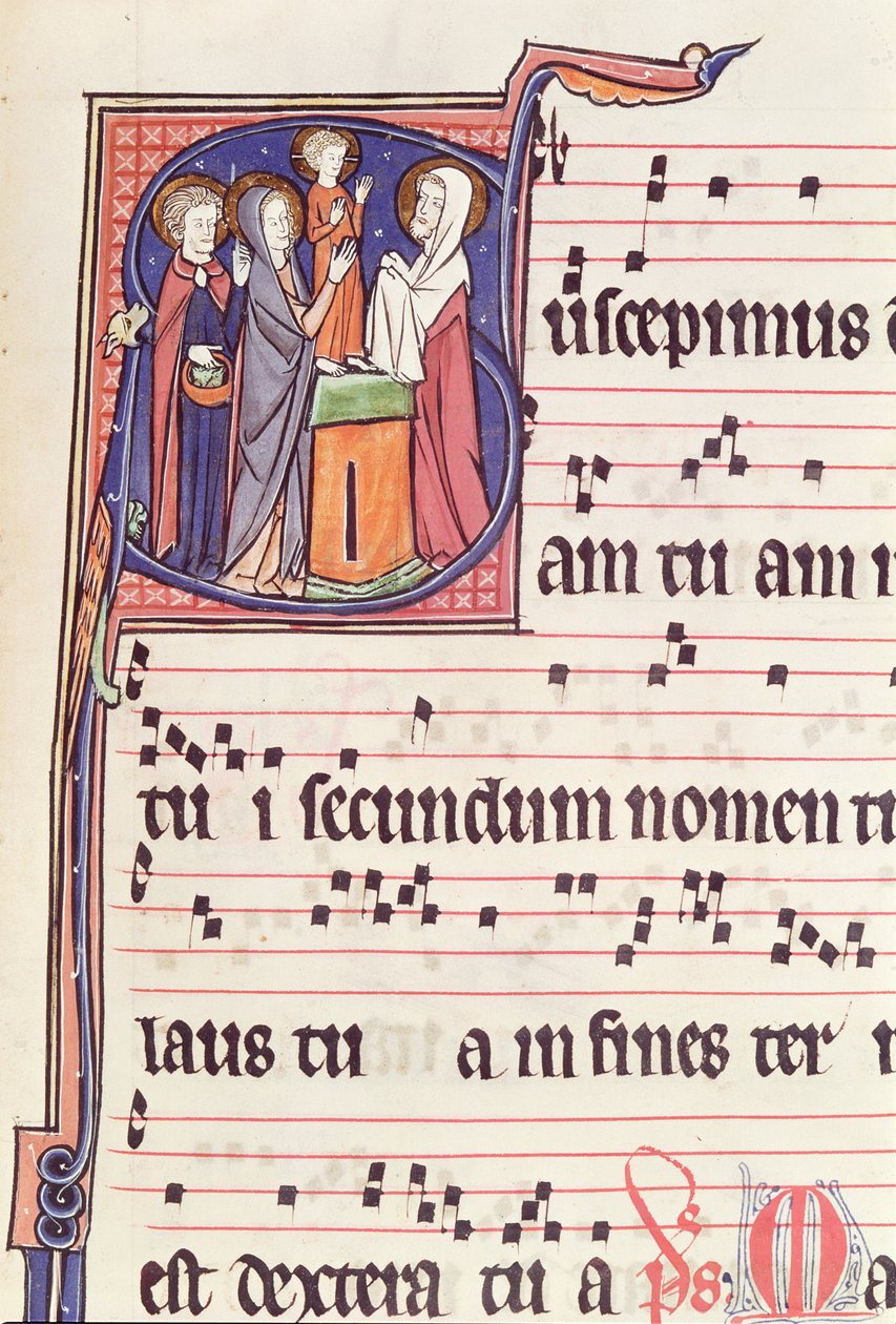Ms 241 f.144 Historioitu alkukirjain S, joka kuvaa Jeesuksen esittelyä temppelissä, antifonaalista Vauclairin luostarikirkon vihkimistä varten, 1257 tekijältä French School