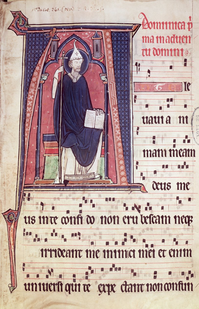 Ms 241 f.1 Historioitu alkukirjain A, joka kuvaa St. Gregorya, antifonaalista Vauclairin luostarikirkon vihkimistä varten, 1257 tekijältä French School