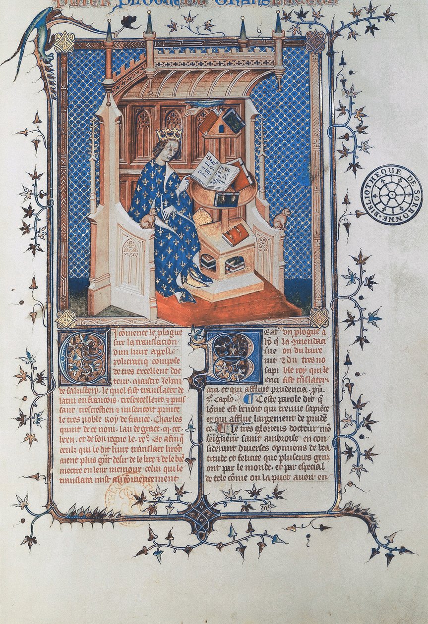 Ms 24287 fol. 2r Kaarle V, Viisas, Ranskan kuningas, John of Salisburysta, Polycraticus, kääntänyt Denis Foulechatis, n. 1372 (vellum) tekijältä French School