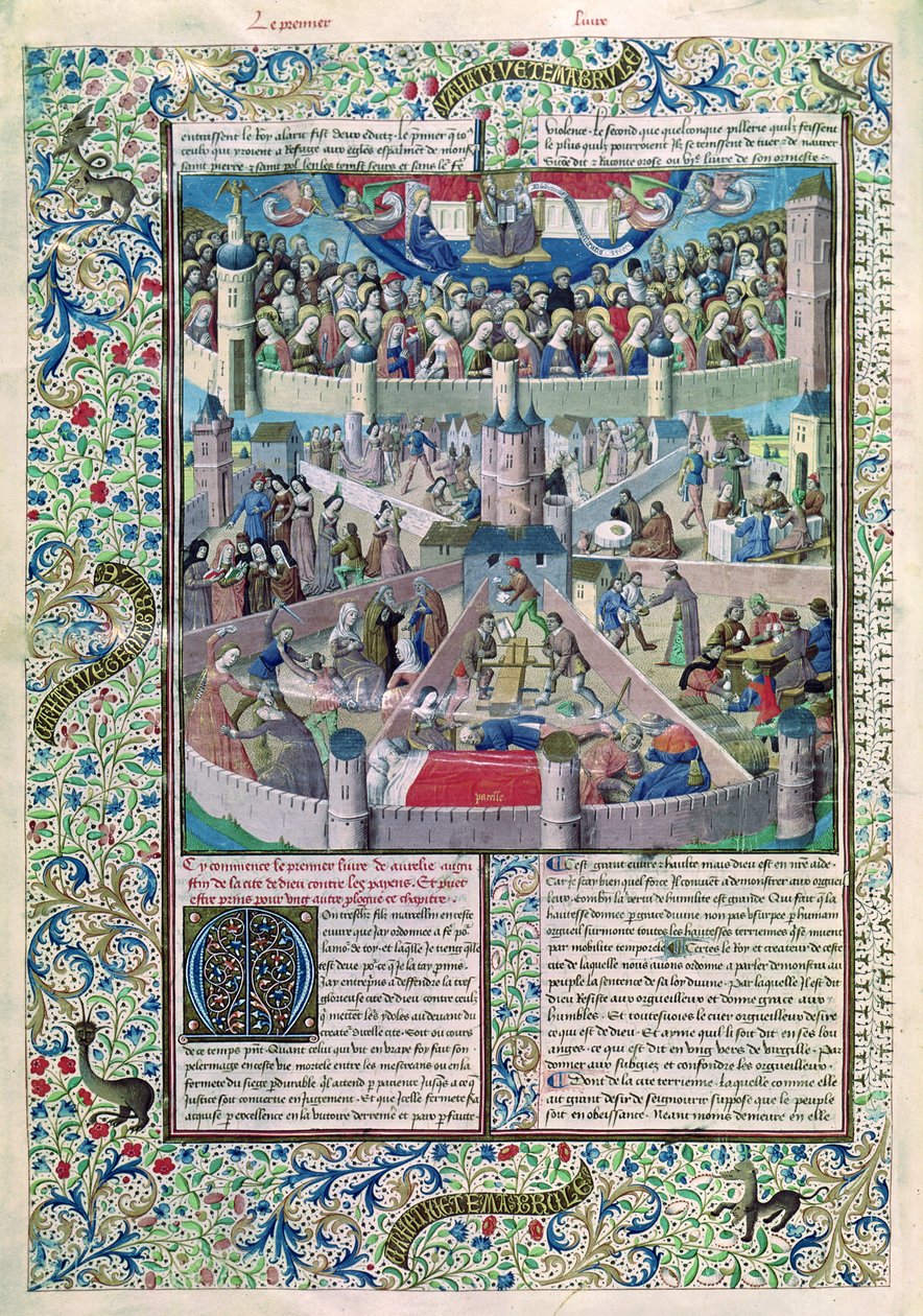 Ms 246 fol.3v Paheet ja hyveet maan päällä, Pyhän Augustinuksen Hippo (354-430) teoksesta De Civitate Dei tekijältä French School