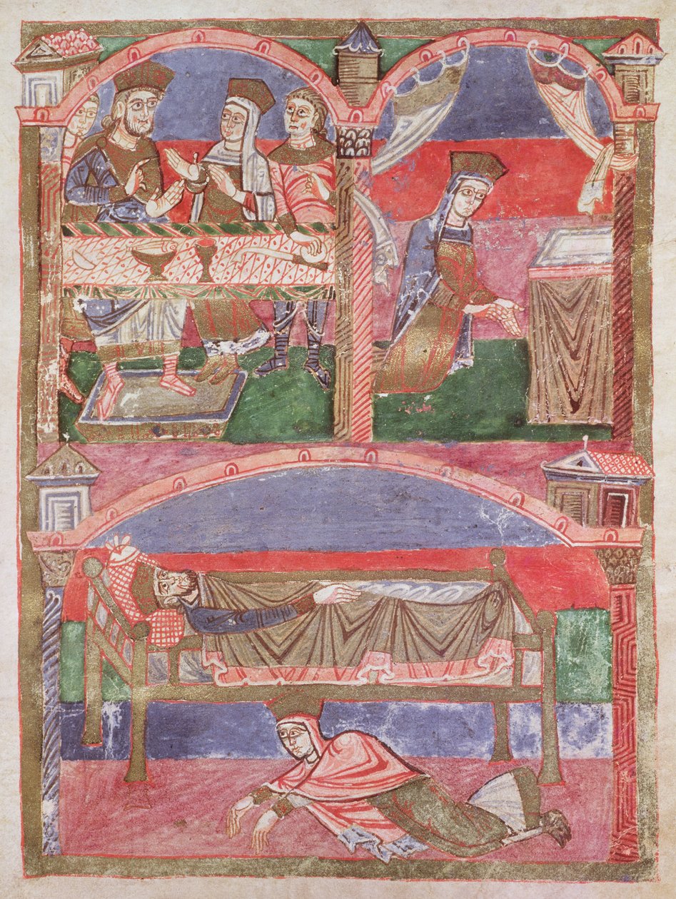 Ms 250 f.24r St. Radegund (518-87) Clothar I:n (497-561) pöydässä, puheessaan ja kuninkaallisen sängyn jaloissa, St. Radegundin elämästä tekijältä French School