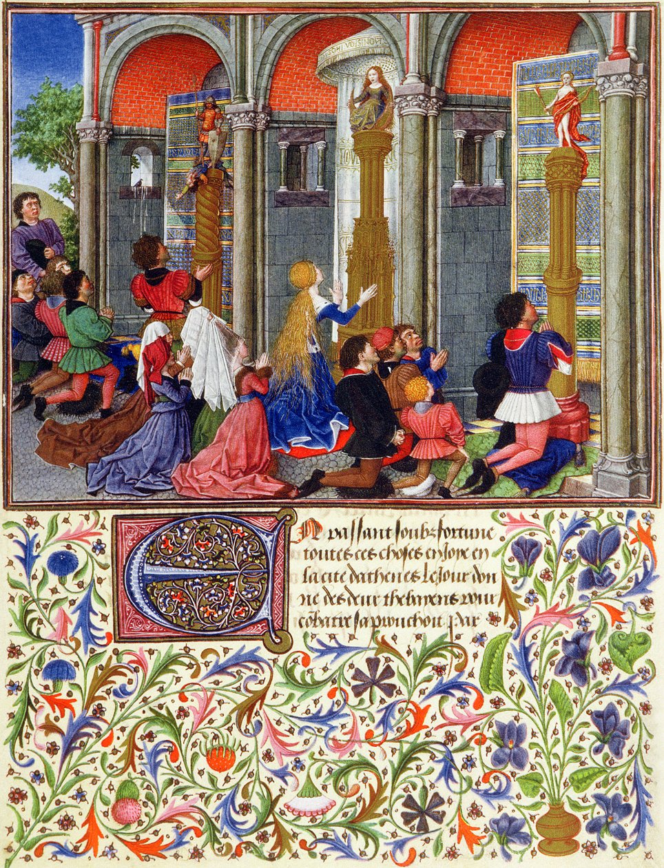 Ms 2617 Arcitas rukoilee Marsia, Palemon rukoilee Venusta, Emily rukoilee Dianaa, La Teseida, kirjoittanut Giovanni Boccaccio (1313-75) 1340-41 tekijältä French School
