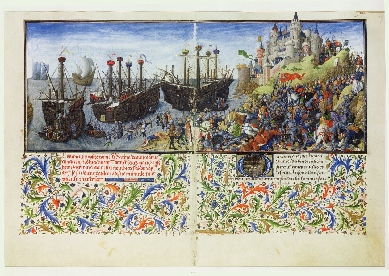 Ms 2617 Amazonien linnaa piiritti Ateenan herttua Theseus La Teseidasta, Giovanni Boccaccio (1313-75) 1340-41 tekijältä French School