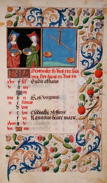 Ms 2697 kalenteri syyskuulle, "Heures de Notre Dame" (vellum) tekijältä French School