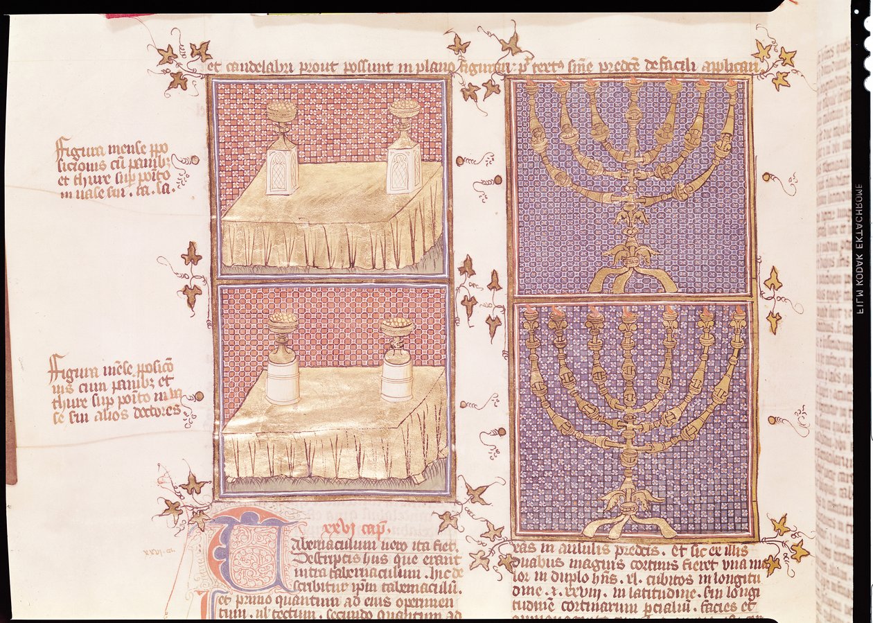 Ms 290 Tome 1 f.89v Uhripöytä ja menora, Nicolas de Lyren Postilles sur la Biblesta tekijältä French School