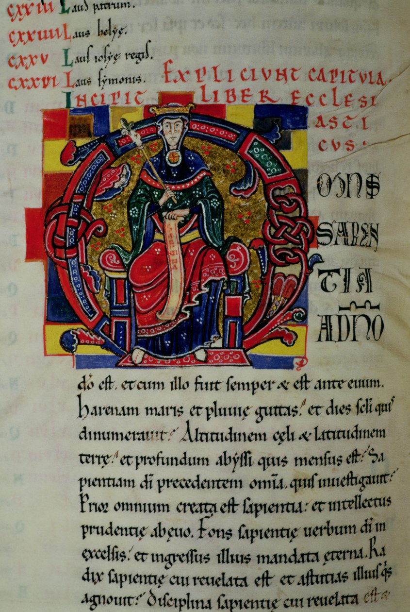 Ms 2 fol.8 Historioitu alkukirjain O, joka esittää viisauden hahmoa, St. Benignen Raamatusta tekijältä French School