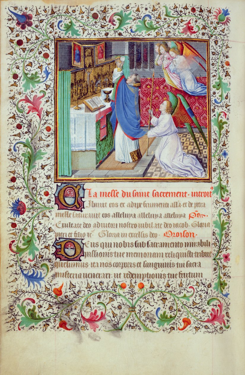 Ms 3-1954, f.193v: Eukaristian valmistelu, miniatyyri Tuntikirjasta, joka on tehty Philip Rohkealle, Burgundin herttualle, vuoden 1370 jälkeen tekijältä French School