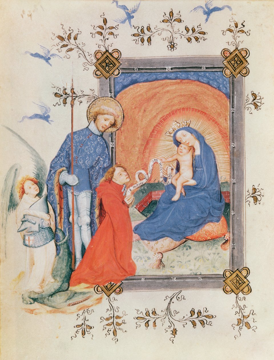 Ms 3024 fol.12v Neitsyt ja lapsi polvistuvan miehen ja Pyhän Yrjön kanssa, Tuntikirjasta tekijältä French School
