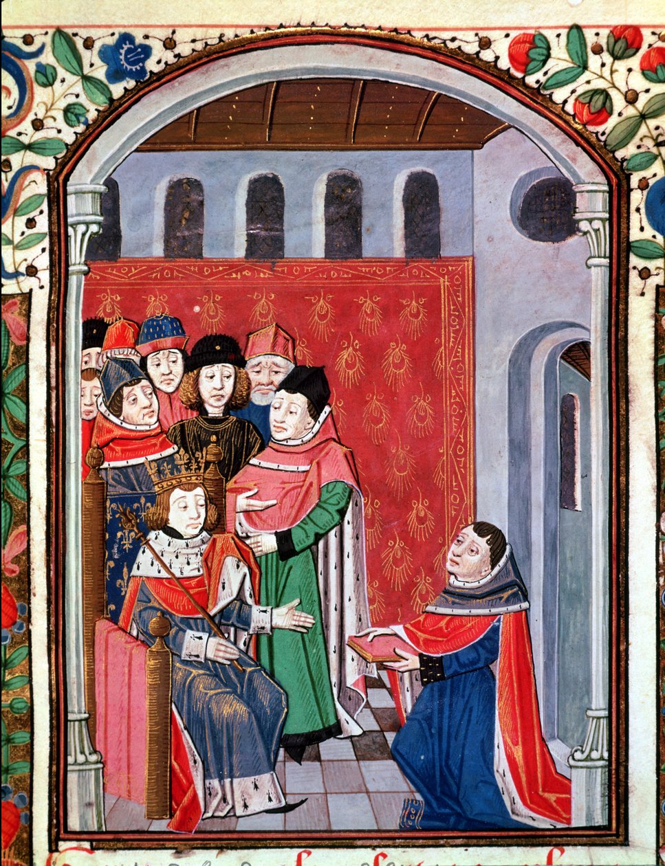 Ms 3045 fol.1 Jean de Meung (1240-1305) tarjoaa käännöstään Philippe le Belille (1268-1314) teoksesta The Consolation of Philosophy by Boethius tekijältä French School
