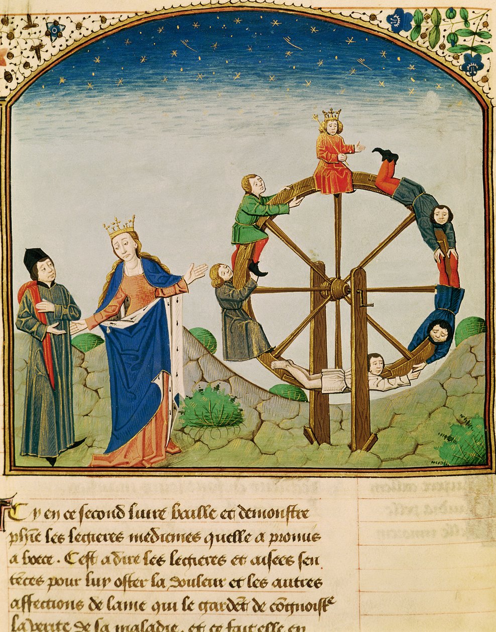 Ms 3045 fol.22v Boethius onnenpyörän kanssa, teoksesta Filosofian lohdutus, kääntänyt Jean de Meung tekijältä French School