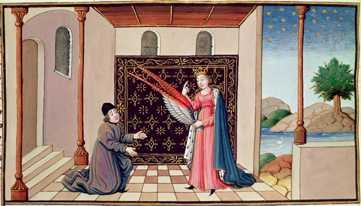 Ms 3045 fol.68v Lady Philosophy tarjoaa Boethiukselle siivet, jotka antavat hänen mielensä lentää korkealle tekijältä French School