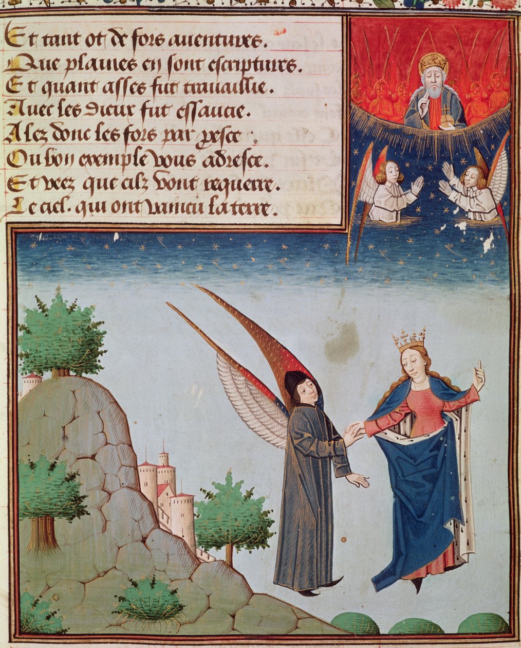 Ms 3045 fol.94r Lady Philosophy johdattaa Boethiuksen lentämään taivaalle siivillä, jotka hän on antanut hänelle; Isä Jumala katsoo siunauksena tekijältä French School