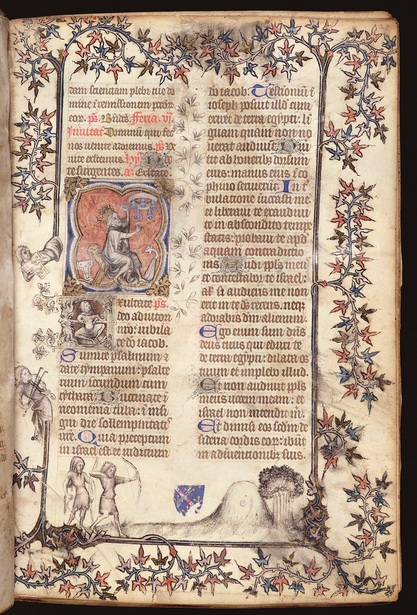 Ms 306 f.27r Kuningas Daavid istuu istuvat viisi kelloa, Breviaarista, Use of Paris, 1400 tekijältä French School