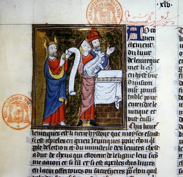 Ms 312 Moses tarjoaa pääsiäislammasta, pienoismallin Guyart des Moulinsin Raamatun historiasta (vellum) tekijältä French School