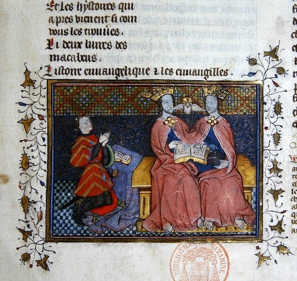 Ms 312 Kolminaisuus ja polvistuva luovuttajan hahmo, miniatyyri Guyart des Moulinsin Raamatun historiasta (vellum) tekijältä French School