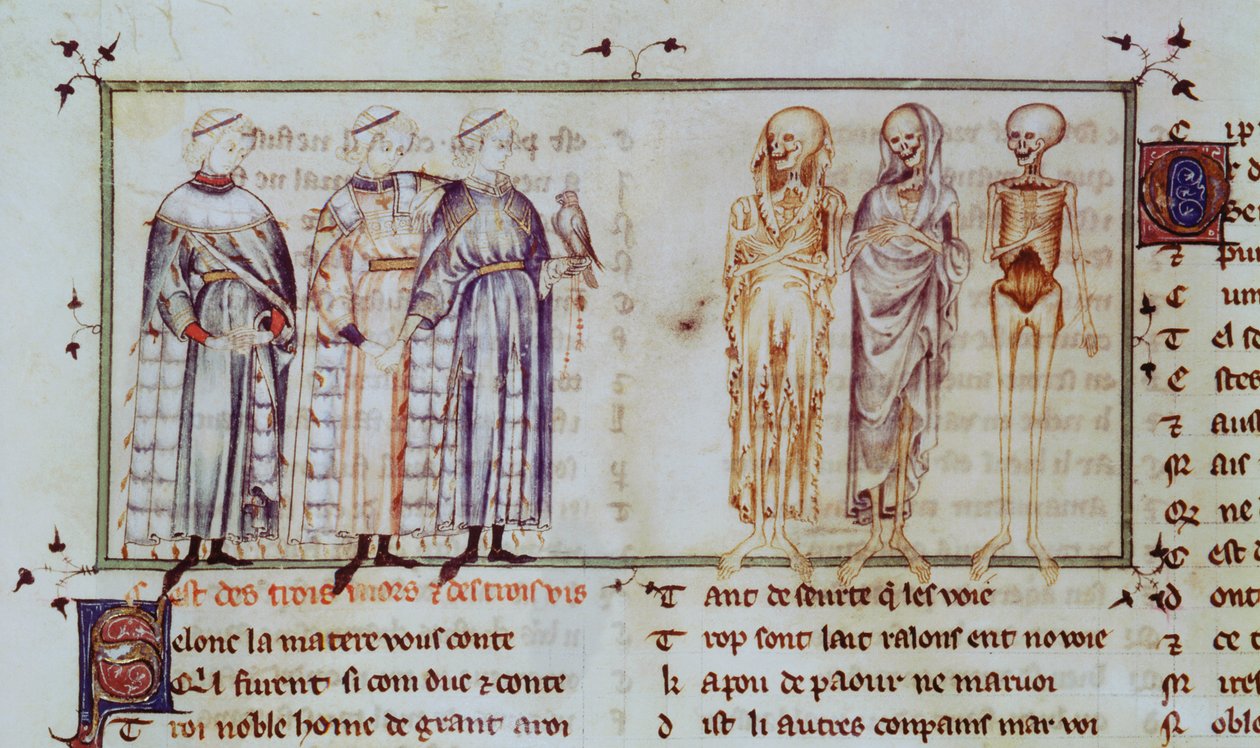 Ms 3142 fol.311r Tarina kolmesta elävästä miehestä ja kolmesta kuolleesta, julkaisusta Recueil de Poesies Francaises, n. 1280-1290 tekijältä French School