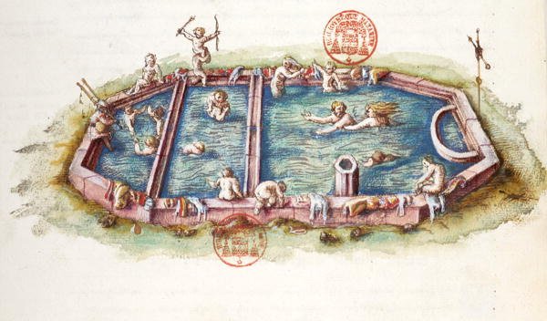 Ms 3243 The Baths of Nerys at Neris-les-Bains, kuva Nicolas de Nicolayn teoksesta General Description du Bourbonnais tekijältä French School