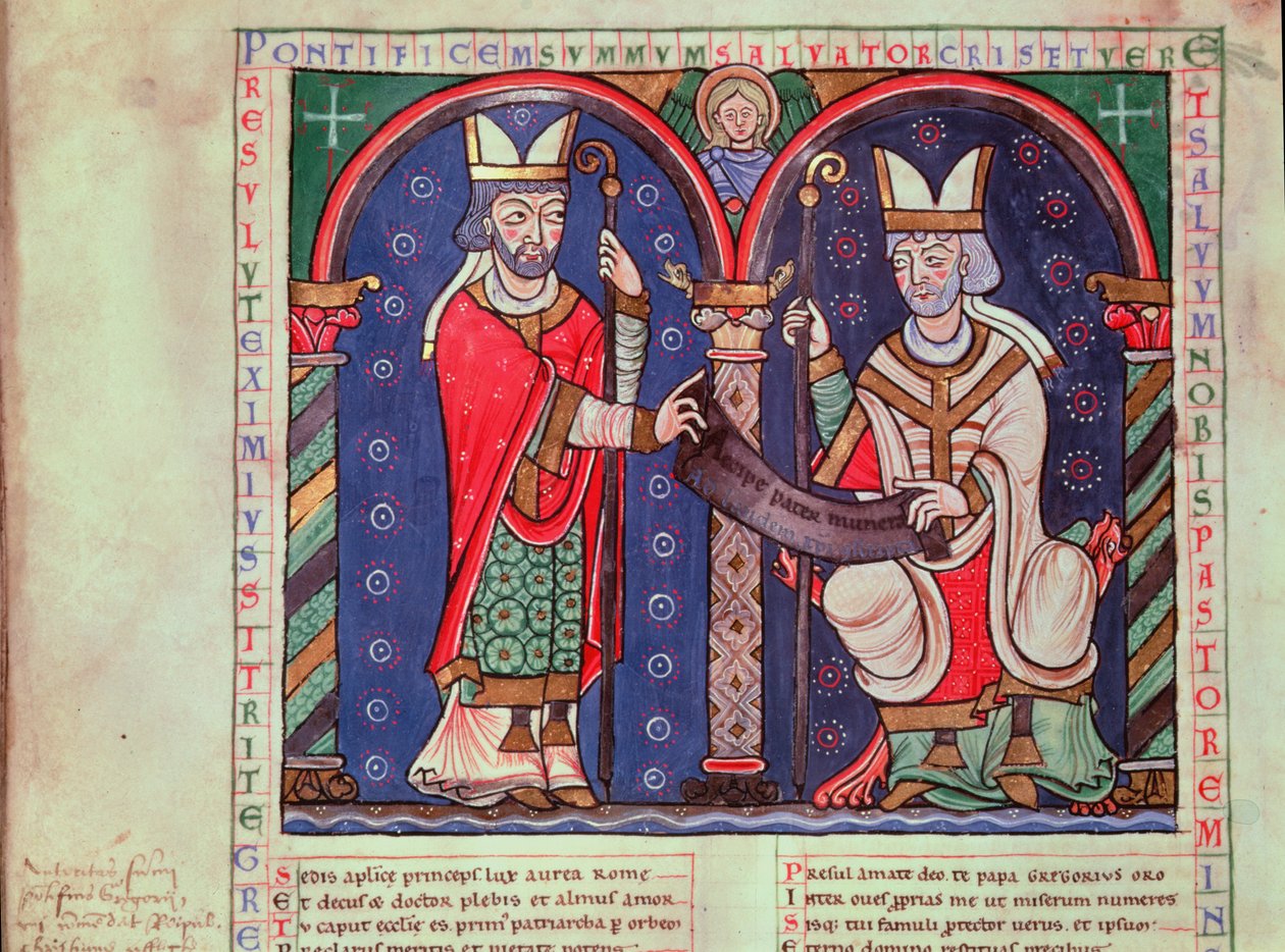 Ms 3401 fol.39v Rabanus Maurus (n.780-856) tarjoaa kirjansa paavi Gregorius I:lle (540-604) Anchin Abbeystä tekijältä French School