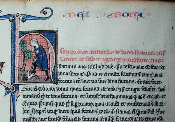 Ms 3458 Historioitu alkukirjain "H", joka kuvaa miestä kaivamassa, Aristoteleen (384-322 eKr.) "Fysiikasta" (kynä, muste ja tempera perunakalvolla) tekijältä French School