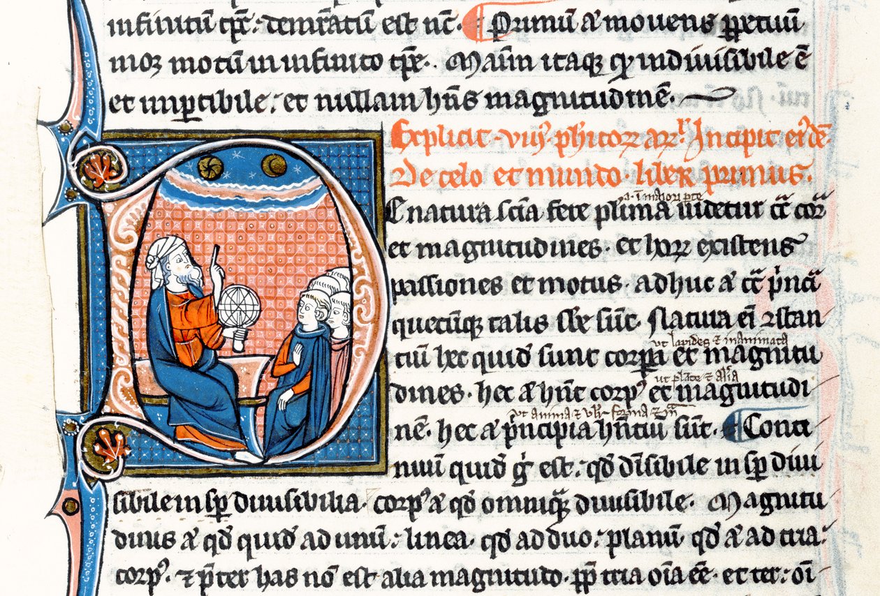 Ms 3458 fol 62vo Historioitu alkukirjain D, jossa Aristoteles pitelee kädessään armillaarista palloa ja osoittaa taivaaseen opettaessaan ryhmälle pappeja Länsi-Euroopasta (kynä ja muste ja tempera vellillä tekijältä French School