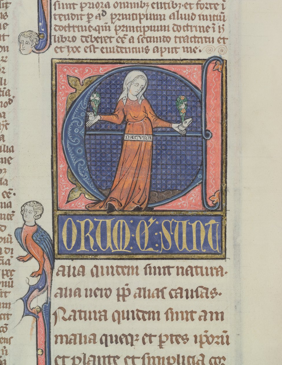 Ms 3469 Historioitunut alkukirjain E, jossa on luontoesitys, Aristoteleen (384-322 eKr.) fysiikasta (kynä, muste ja tempera perunakalvolla) tekijältä French School