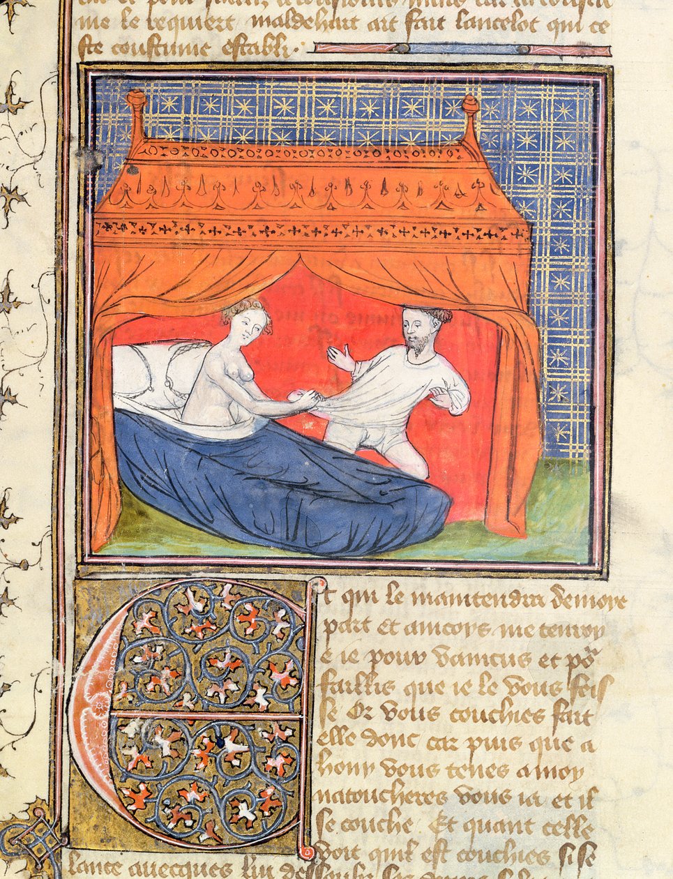 Ms 3480 Lancelot yrittää paeta sängyssä olevasta naisesta Livre de Messire Lancelot du Lacista tekijältä French School