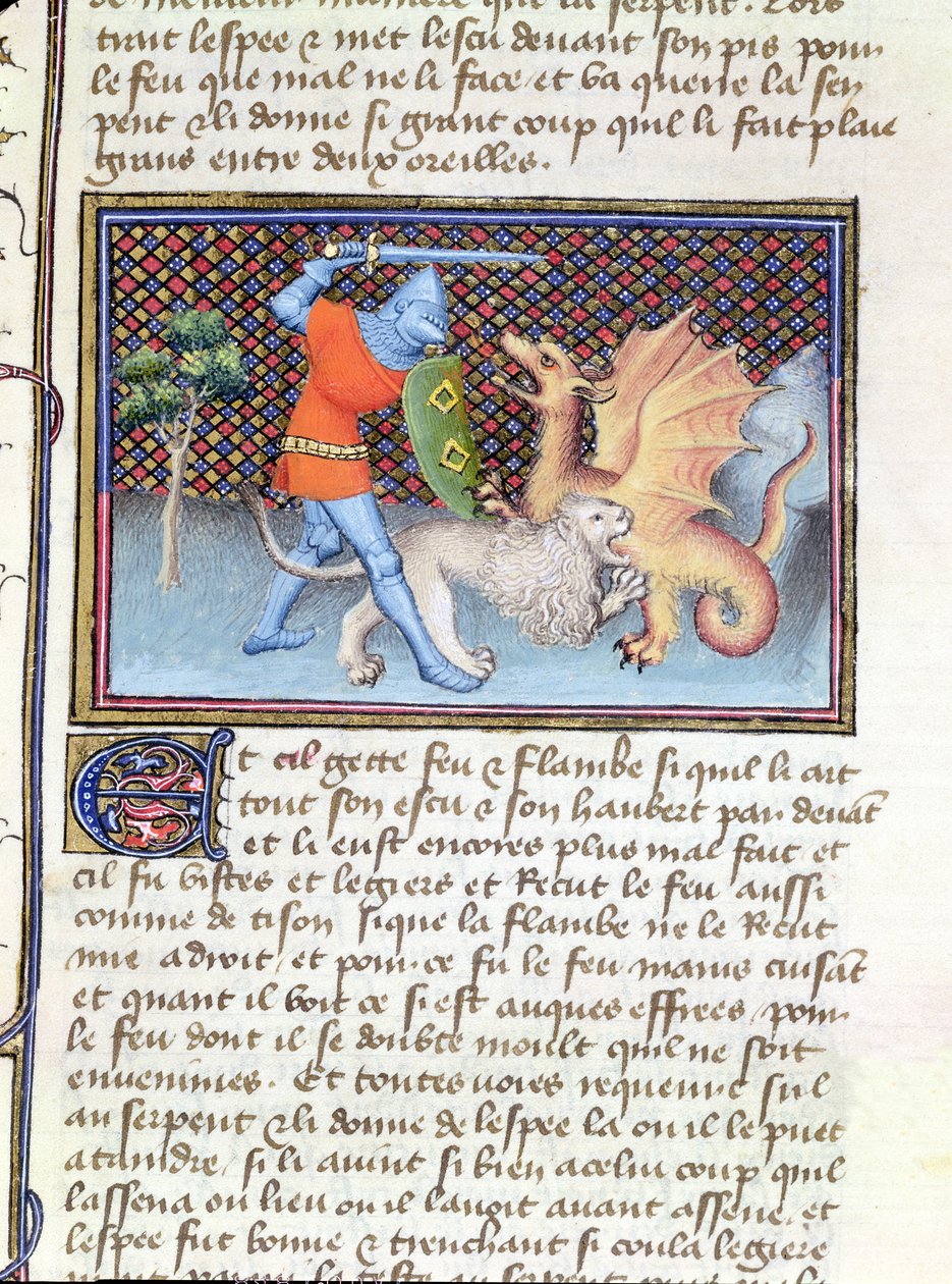 Ms 3480 Yvain, ritari leijonan kanssa taistelee lohikäärmettä vastaan, pienoiskuva Roman de Lancelotilta tekijältä French School