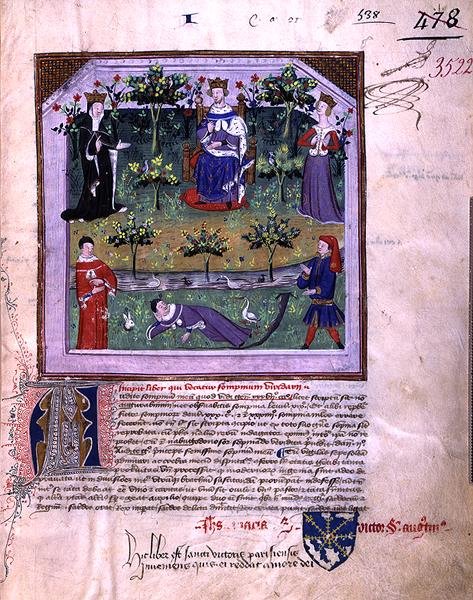 Ms 3522 fol.1 Tekijä, joka teeskentelee nukkuvansa, todistaa ritarin ja piispan välistä kiistaa somnium Viridariista (Le Songe du Vergier), joka on sävelletty vuonna 1376 Kaarle V:n (1338-80) käskystä (vellum). ) tekijältä French School
