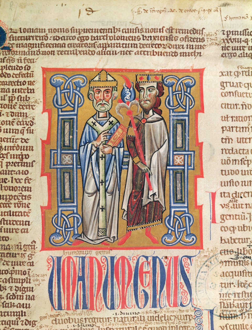 Ms 354 fol.9 Pienoiskuva piispan ja kuninkaan Decretum Gratianista, 1300-luku tekijältä French School