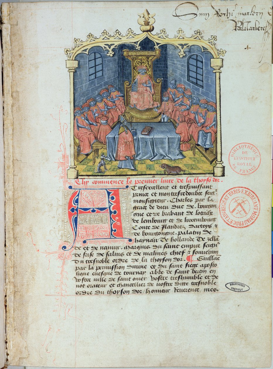 Ms 363 Kaarle Rohkea (1433-77) Burgundin herttua ja Kultaisen Fleecen ritarikunnan ritarit, Guillaume Filastren teoksesta The History of the Golden Fleece, 1400-luvun puoliväli (katso myös 1 tekijältä French School