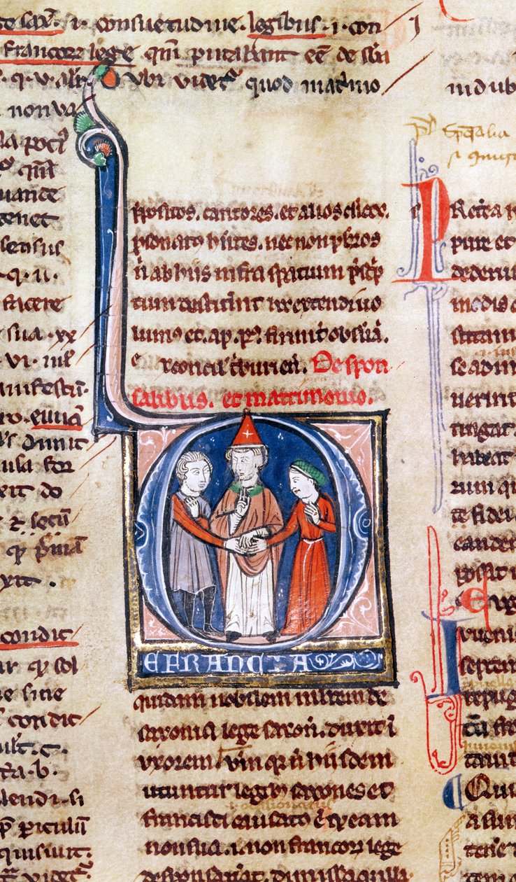 Ms 365 fol.318v Historioitu alkukirjain D, joka kuvaa avioliittoa, Gregory IX:n asetuksista tekijältä French School
