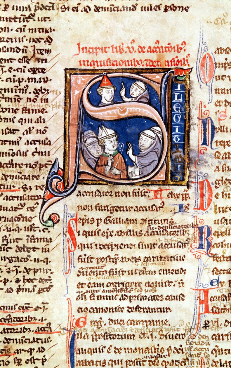 Ms 365 fol.350 Historioitu alkukirjain S, joka kuvaa paavi Gregorius IX (1220-50) piispoineen ja aputeineen Gregorius IX:n asetuksista tekijältä French School