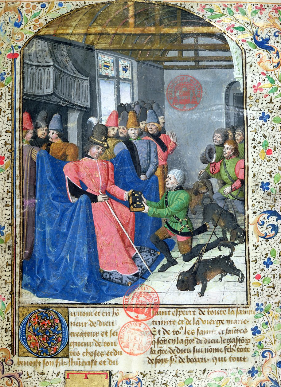 Ms 3717 Huntsman esittelee kirjoittajalle kopion metsästystä käsittelevästä tutkielmastaan Gaston Phebus de Foixin (1331-91) Livre de la Chassesta tekijältä French School