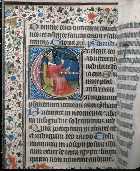 Ms 376 Kuningas Daavid soittaa kellosoittoa, kuvitus psalterista, 1400-luvun alku (vellum) tekijältä French School