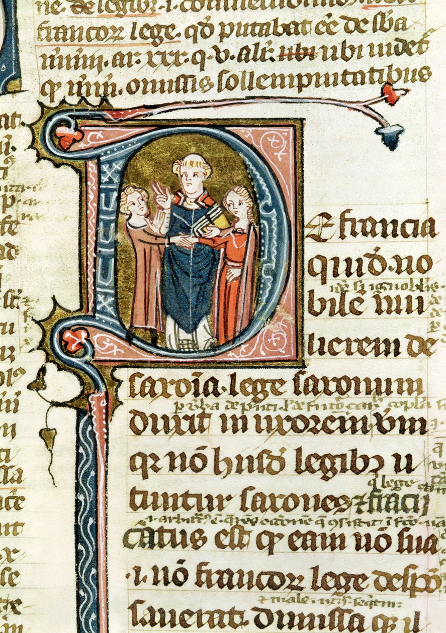 Ms 376 f.320 Les Gregoriennesin historiallinen alkukirjain D, joka kuvaa pappia siunaamassa avioliittoa tekijältä French School