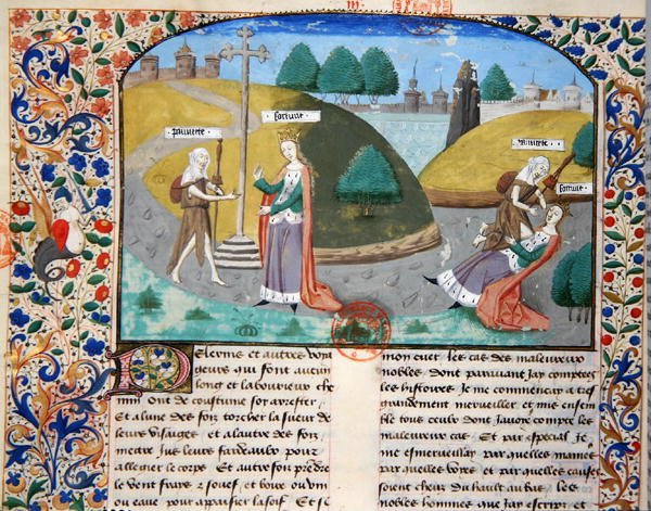 Ms 3878 Köyhyys ja omaisuus, kuvitus Giovanni Boccaccion (1313-75) teoksesta "De Casibus Virorum Illustrium" (vellum) tekijältä French School